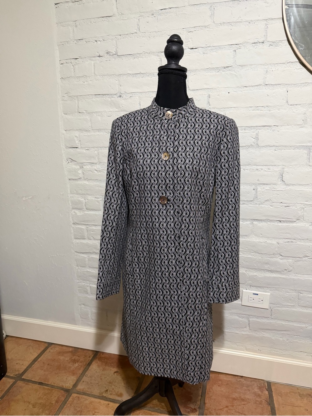Sigrid Olsen Women's Black & White Patterned Madarin Long Sleeve Dress Coat